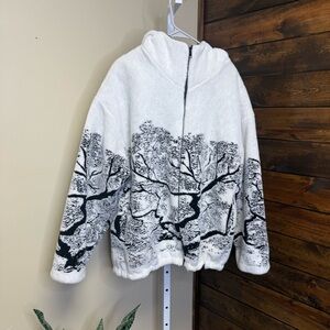 Vintage White and Black Tree Pattern hooded coat Jacket Size M country woods